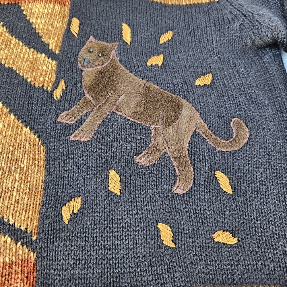 Vtg Victoria Harbour Animal Patchwork Sweater in Black and Burnt Orange Wmns L - Picture 2 of 12